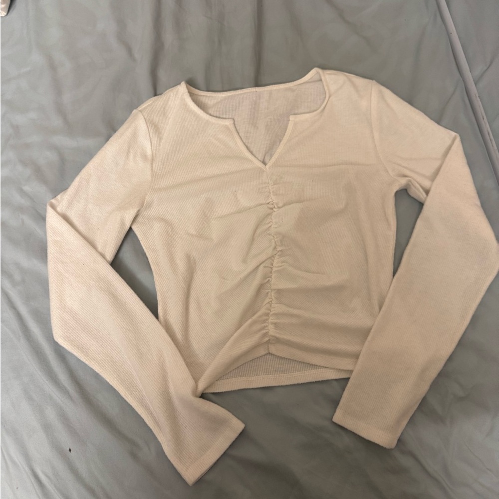 White Long Sleeve Ruched Top